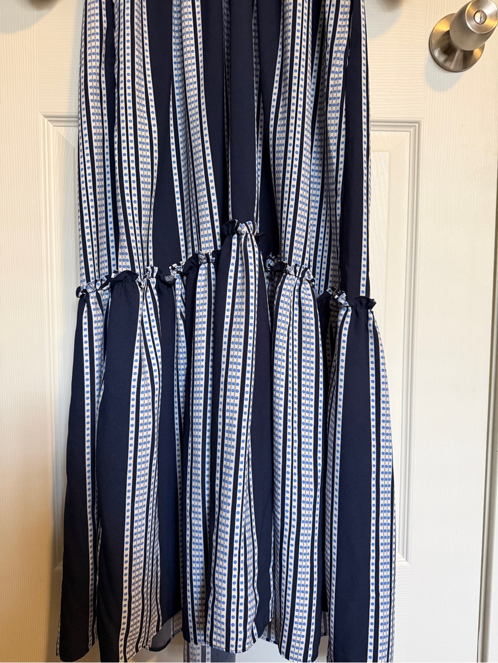 Taylor Size 16 Navy White Stripe Midi Dress Tiered Puff Sleeve V Neck - Picture 6 of 11